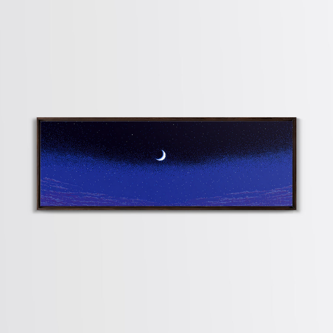 Purple Blue Crescent Moon Wall Art, Starry Horizon Night Sky Canvas, Cosmic Retro Decor, Boho Celestial Bedroom Art Print