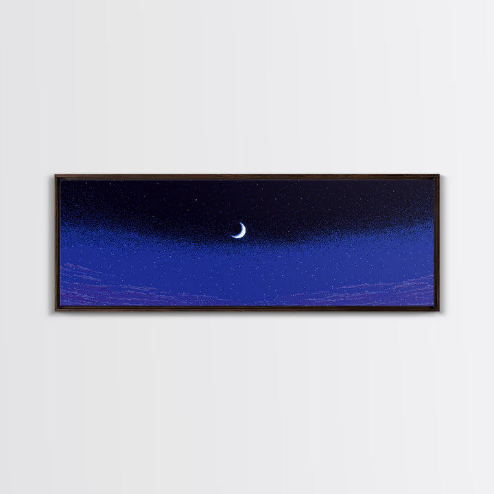 Purple Blue Crescent Moon Wall Art, Starry Horizon Night Sky Canvas, Cosmic Retro Decor, Boho Celestial Bedroom Art Print