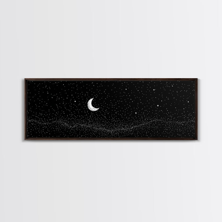 Black Starfield Crescent Moon Wall Art, White Stars Night Sky Canvas, Minimal Celestial Decor, Modern Bedroom Art Print Gift