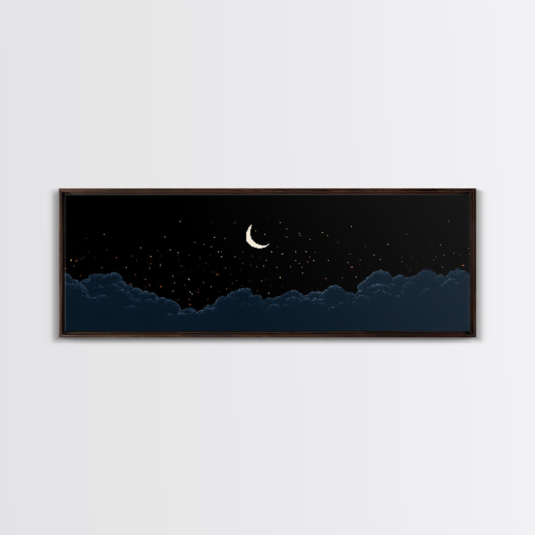 Crescent Moon Starry Night Clouds Wall Art, Pixel Landscape Print, Dark Blue Celestial Decor, Bedroom Office Poster Gift