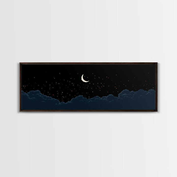 Crescent Moon Starry Night Clouds Wall Art, Pixel Landscape Print, Dark Blue Celestial Decor, Bedroom Office Poster Gift