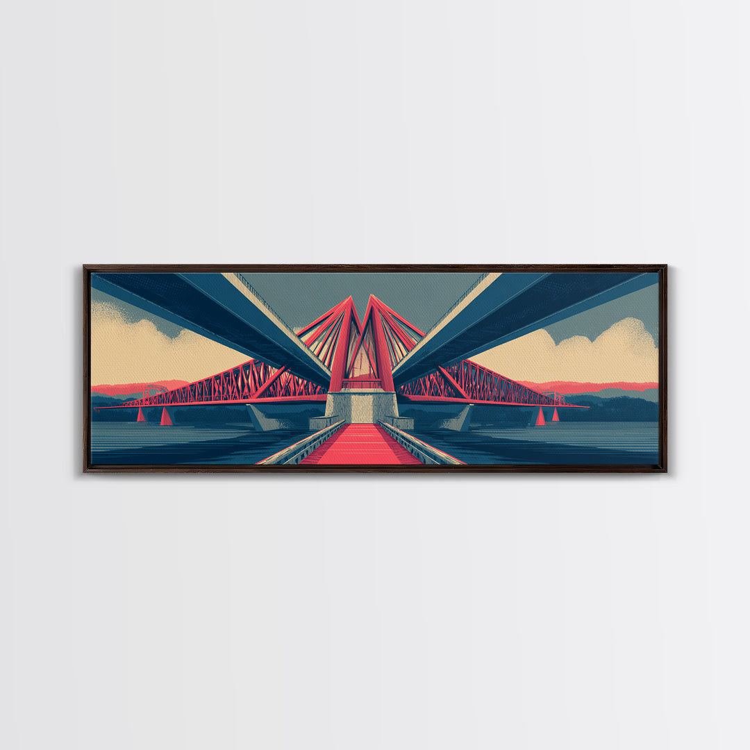 Red Suspension Bridge At Sunset Canvas Print, Midcentury Modern Wall Decor, Architectural Landscape, Retro Travel Poster