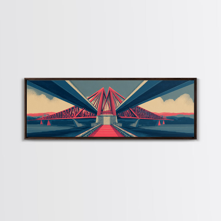 Red Suspension Bridge At Sunset Canvas Print, Midcentury Modern Wall Decor, Architectural Landscape, Retro Travel Poster