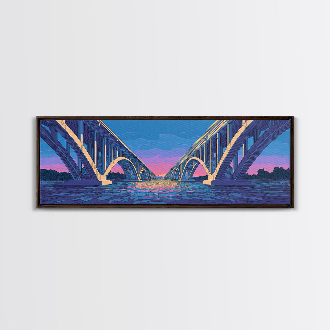 Blue Arch Bridge Sunset Wall Art, Panoramic River Cityscape Print, Modern Architectural Decor, Pink Purple Skyline Poster