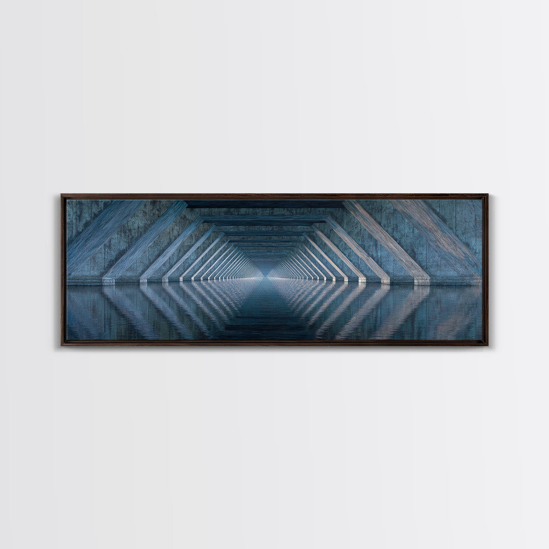 Concrete Underpass Reflections Framed Canvas Print, Geometric Bridge Wall Art, Blue Industrial Decor, Minimalist Poster Print