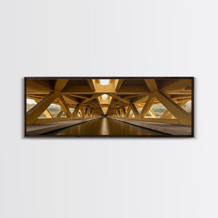 Golden Canal Under Bridge Canvas Print, Symmetrical Architecture Wall Art, Warm Industrial Decor, Modern Perspective Poster