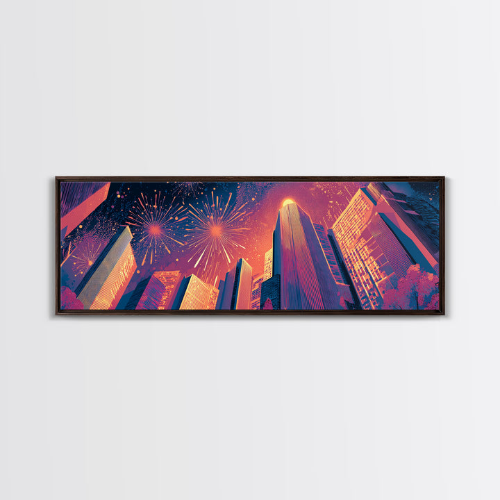Fireworks Over Skyscrapers Canvas Print, Neon City Night Wall Art, Retro Futuristic Urban Decor, Bold Architecture Poster