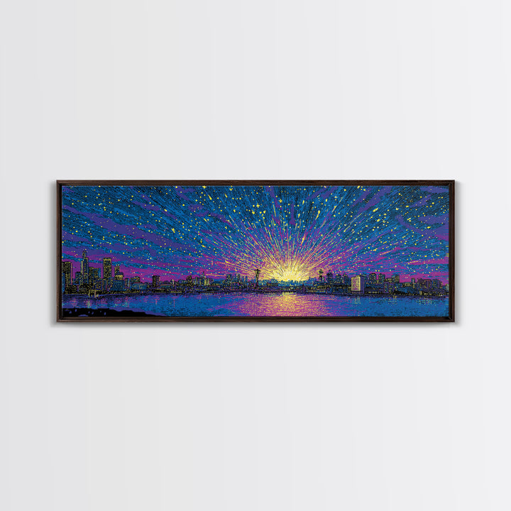 Cosmic Harbor Skyline Sunset Wall Art, Starburst Cityscape Print, Vibrant Blue Purple Decor, Modern Panoramic Poster Gift