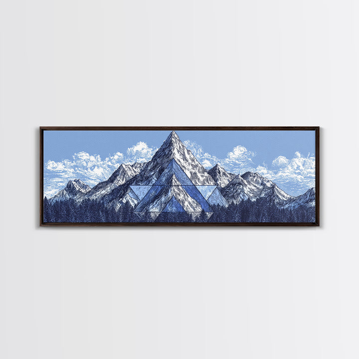 Snowy Alpine Mountain Sketch Wall Art, Blue White Landscape Print, Modern Geometric Poster, Office And Living Room Decor