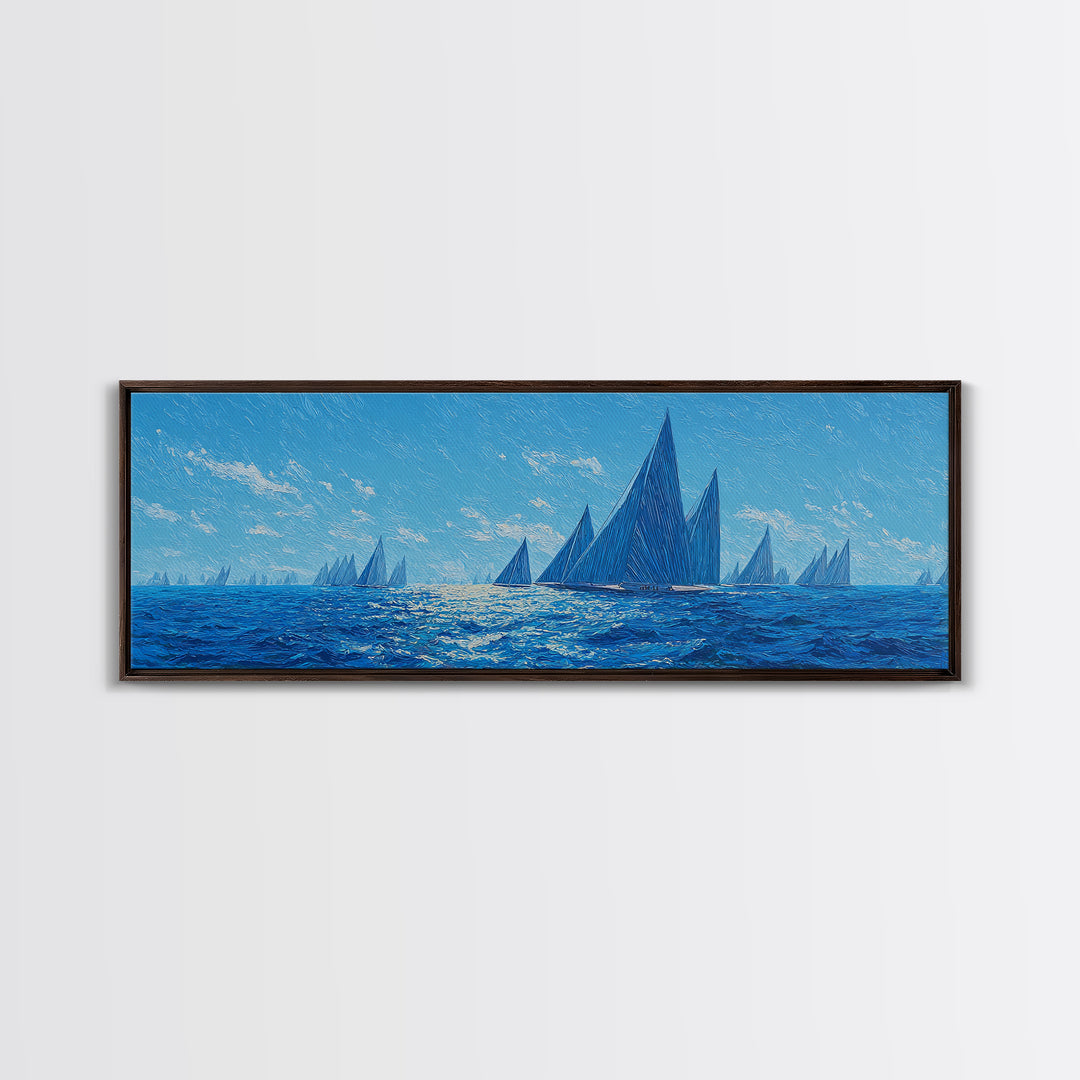 Deep Blue Sailboat Horizon Framed Canvas Print, Coastal Wall Art, Nautical Ocean Decor, Modern Landscape Poster For Office