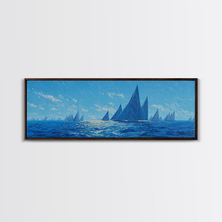 Deep Blue Sailboat Horizon Framed Canvas Print, Coastal Wall Art, Nautical Ocean Decor, Modern Landscape Poster For Office