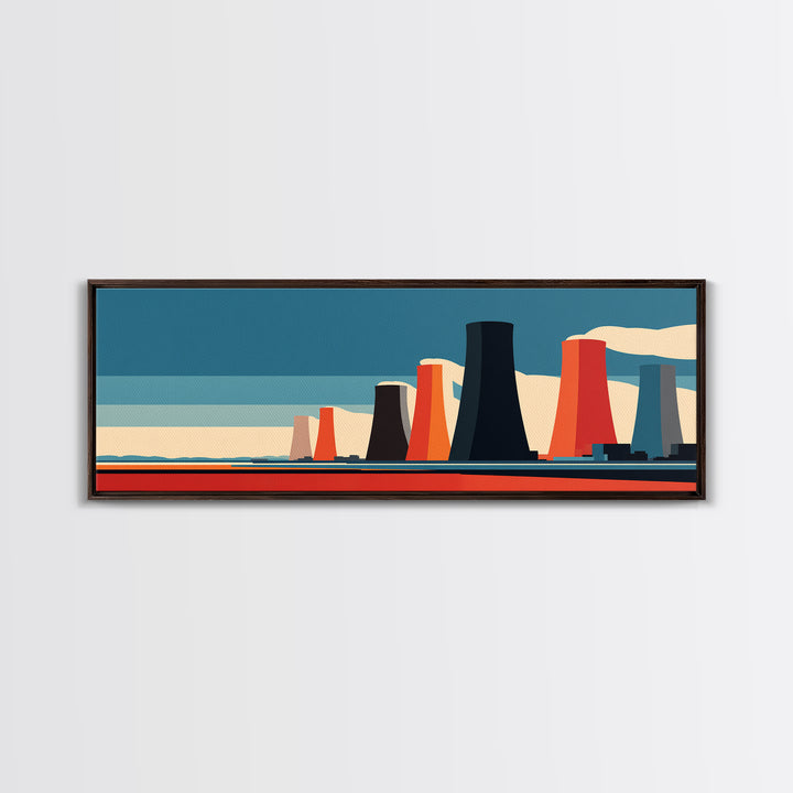 Retro Nuclear Cooling Towers At Desert Horizon Wall Art, Midcentury Modern Industrial Landscape, Bold Orange Blue MCM Decor