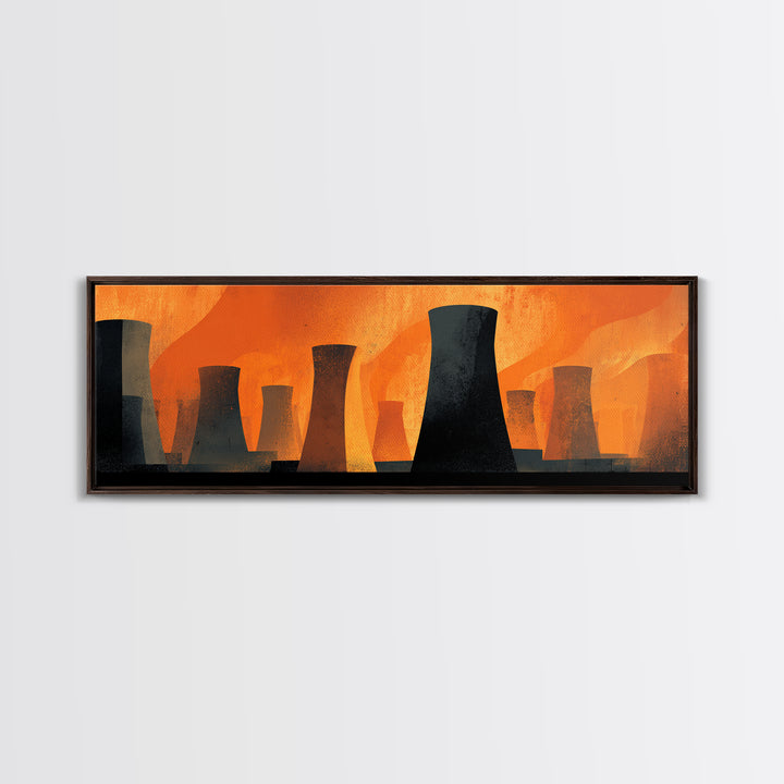 Black Cooling Tower Silhouettes In Orange Heat Canvas Print, Midcentury Modern Industrial Wall Art, Bold Atomic Decor Poster