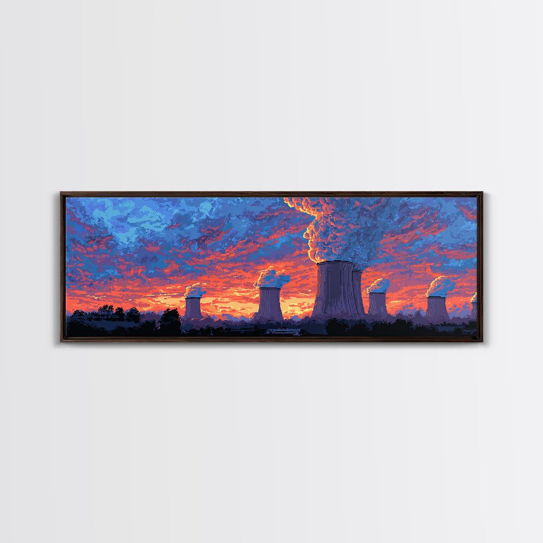 Purple Cooling Towers Under Fiery Sunset Framed Canvas Print, Retro Industrial Wall Art, Colorful Modern Landscape Decor