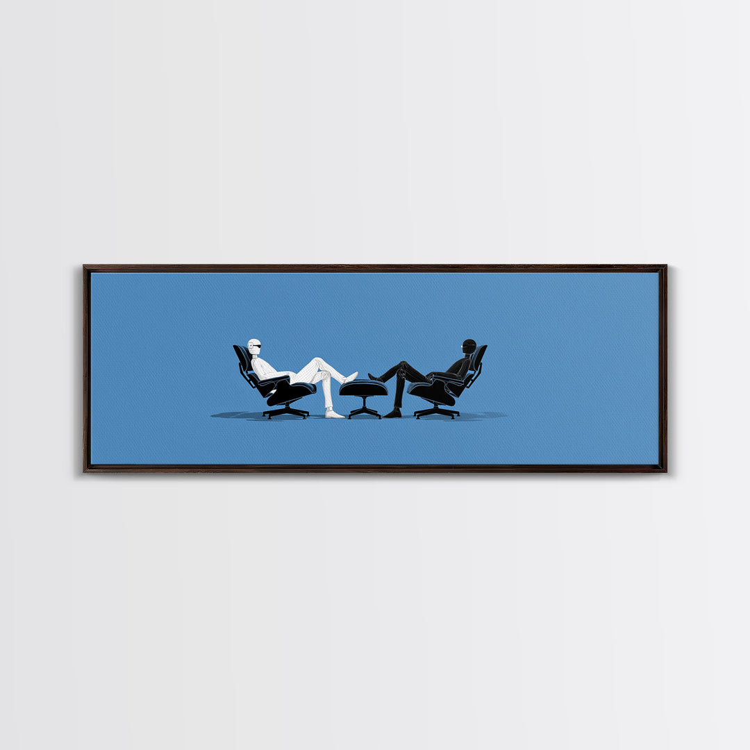 Two Minimal Figures In Lounge Chairs Wall Art, Midcentury Modern Therapy Office Decor, Blue Retro Abstract Art Print Poster