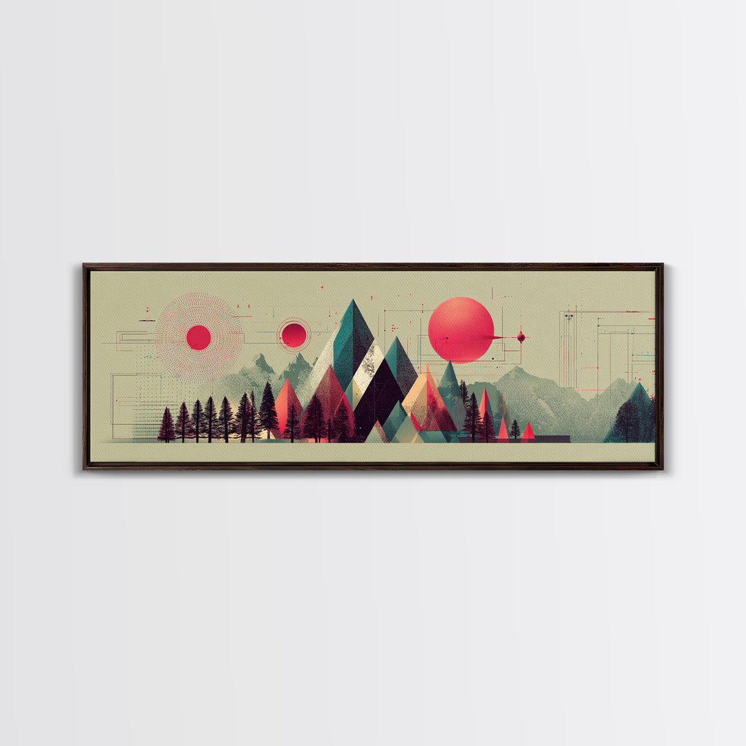 Pink Sun Geometric Mountains Wall Art, Midcentury Modern Art Print, Abstract Landscape Poster, Colorful Office Decor Gift