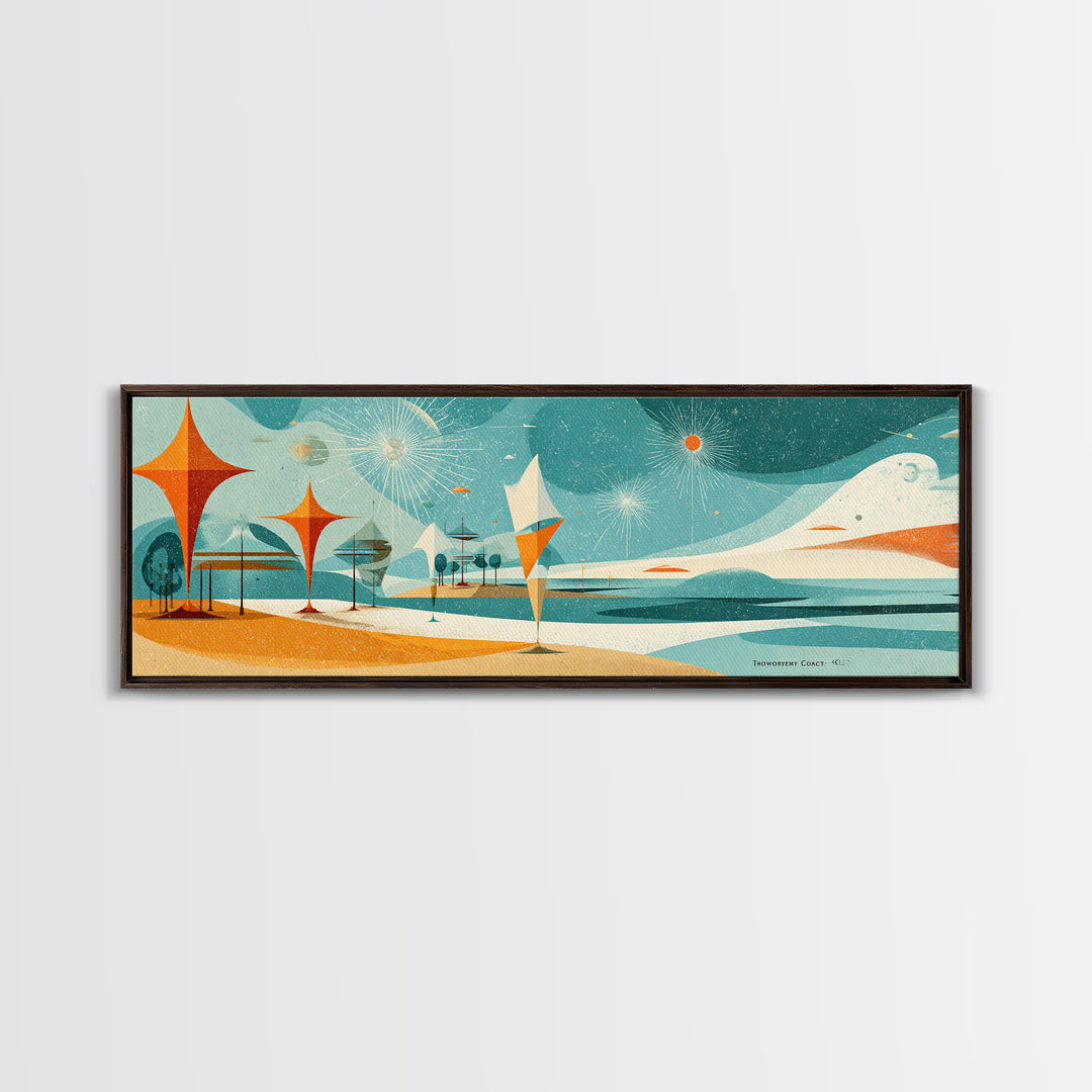 Retro Abstract Beach Waves Canvas Print, Atomic Coastal Wall Art, Midcentury Modern Decor, Orange Teal Poster For Beach House