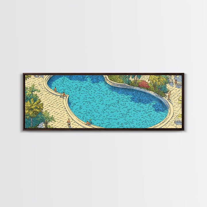 Bright Blue Resort Pool With Stone Terrace Wall Art, Midcentury Modern Print, Tropical Garden Decor, Large Canvas Poster