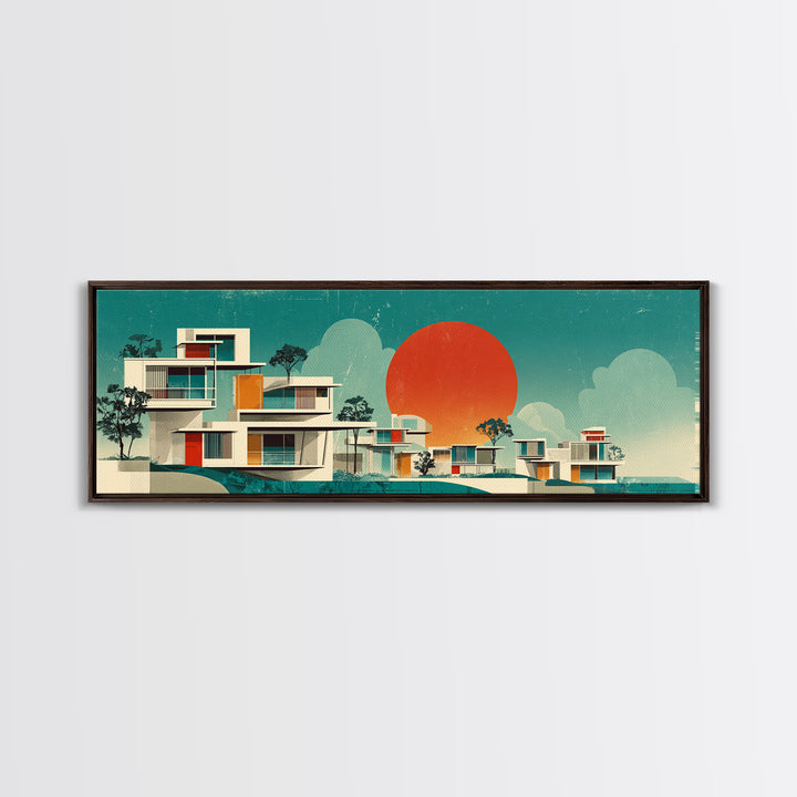 Modernist White Villas With Orange Sun Wall Art, Mid Century Modern Architecture, Palm Springs Decor, Teal Panoramic Print