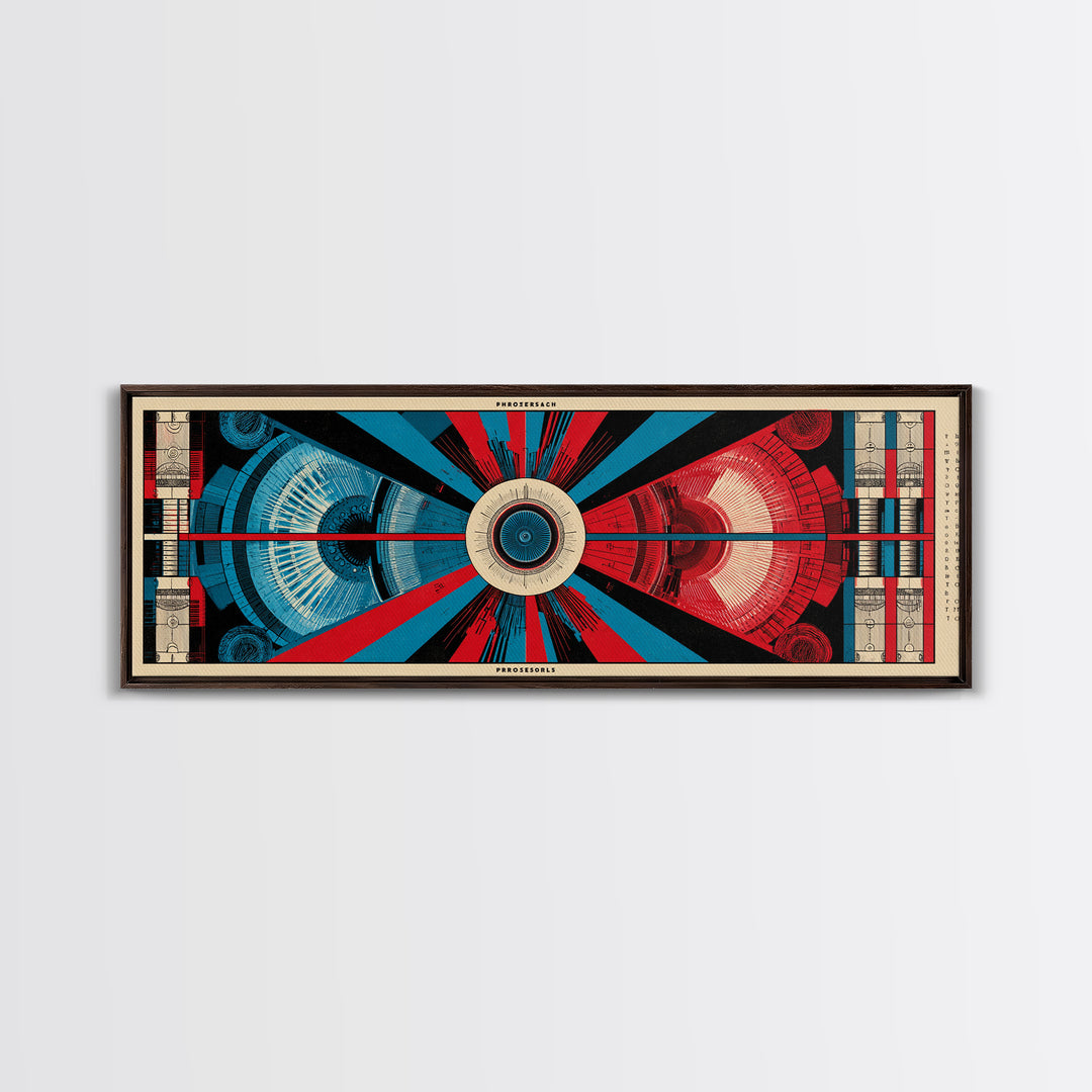 Red And Blue Technical Mandala Wall Art, Mid Century Abstract Geometric Poster, Atomic Modern Decor, Panoramic Canvas Print