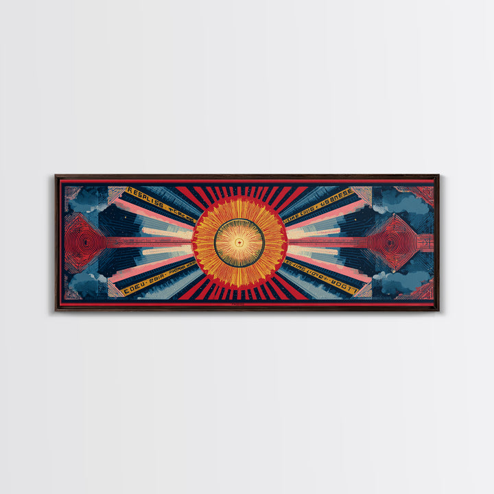 Cosmic Golden Sunburst Space Chart Wall Art, Mid Century Modern Abstract, Atomic Retro Poster, Blue Red Panoramic Canvas Print