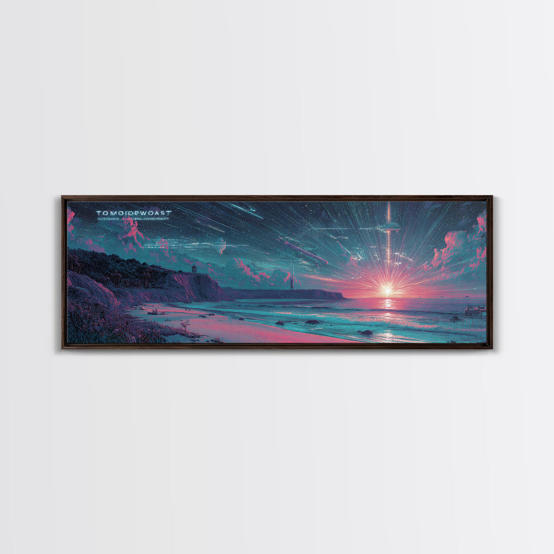 Futuristic Neon Beach Sunset With Star Trails, Sci Fi Coastal Wall Art, Retro Modern Poster, Space Abstract Art Print Decor