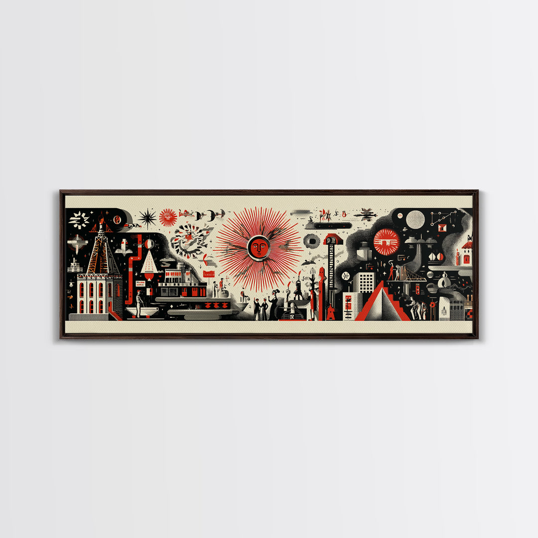 Surreal Red Sun Town Collage Wall Art, Mid Century Modern Folk Abstract Poster, Black Cream Retro Decor, Panoramic Canvas Print