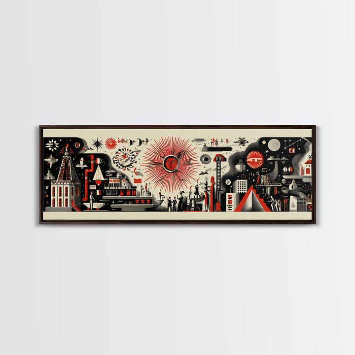 Surreal Red Sun Town Collage Wall Art, Mid Century Modern Folk Abstract Poster, Black Cream Retro Decor, Panoramic Canvas Print