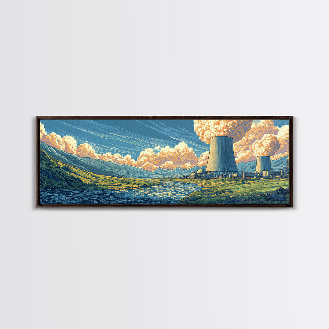 River Valley Nuclear Towers Framed Canvas Print, Scenic Retro Wall Art, Midcentury Modern Decor, Landscape Poster, Home Office Art