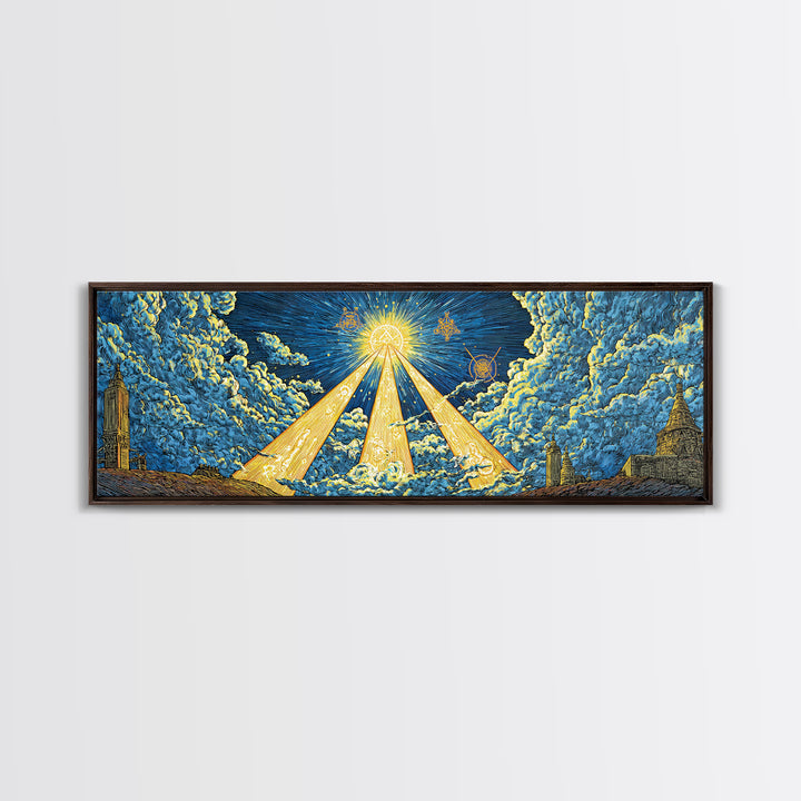 Golden Light Beams Through Clouds Framed Canvas Print, Spiritual Wall Art, Midcentury Modern Poster, Celestial Decor, Sci Fi Wall Decor