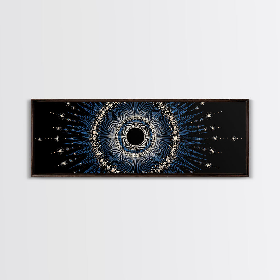 Blue Celestial Eclipse Wall Art, Art Deco Sunburst Mandala, Modern Abstract Print, Gothic Cosmic Framed Canvas Print Decor