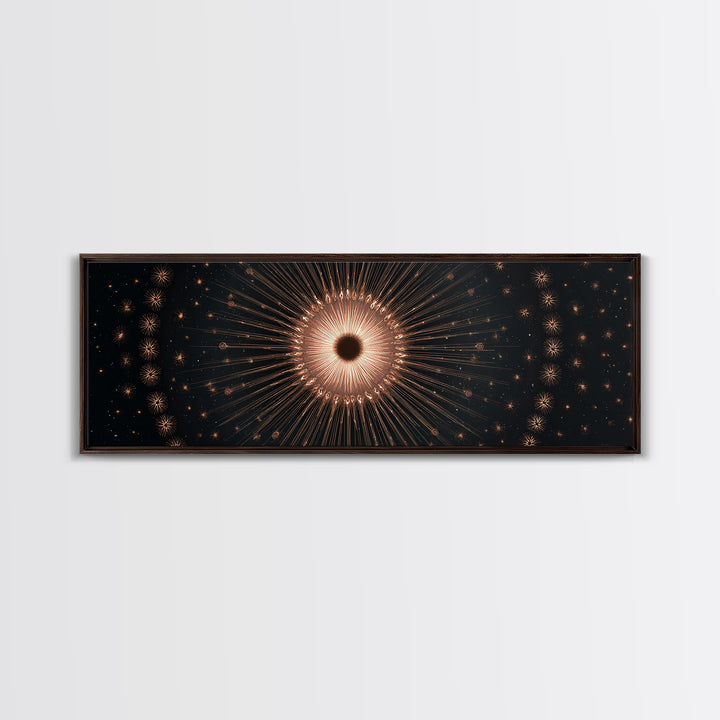 Copper Gold Eclipse Sunburst Wall Art, Modern Art Deco Canvas Print, Cosmic Celestial Decor, Black Gold Statement Print Gift