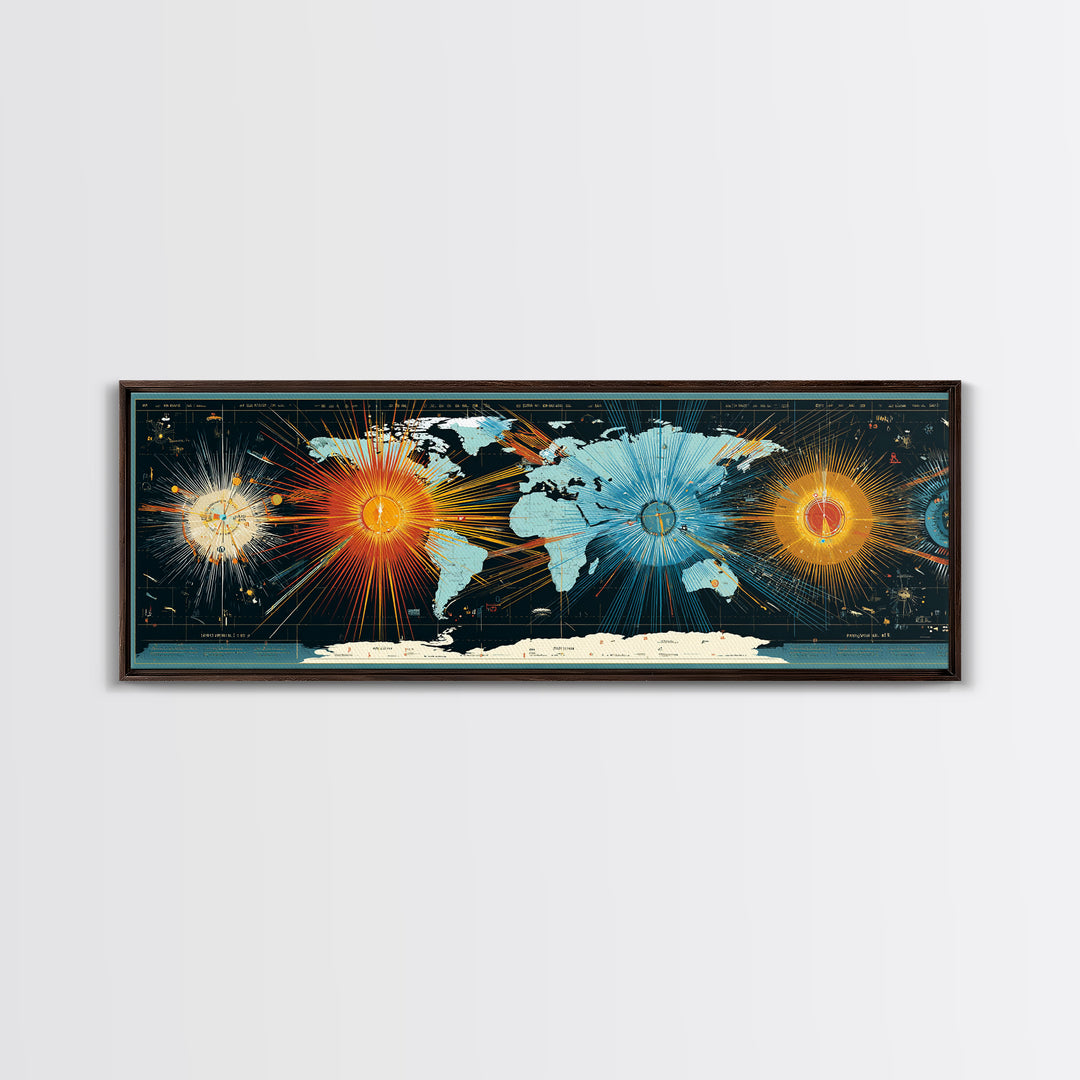 World Map Sunburst Network With Celestial Nodes, Canvas Print, Modern Wall Art, Geographic Abstract Poster For Office Decor