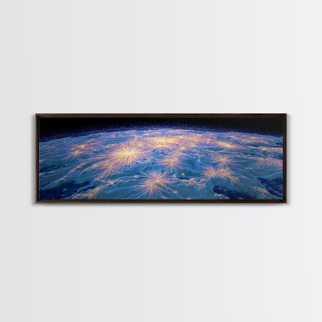 Earth From Orbit With Electric Light Bursts, Framed Canvas Print, Space Abstract Art, Modern Wall Decor For Home Office Decor