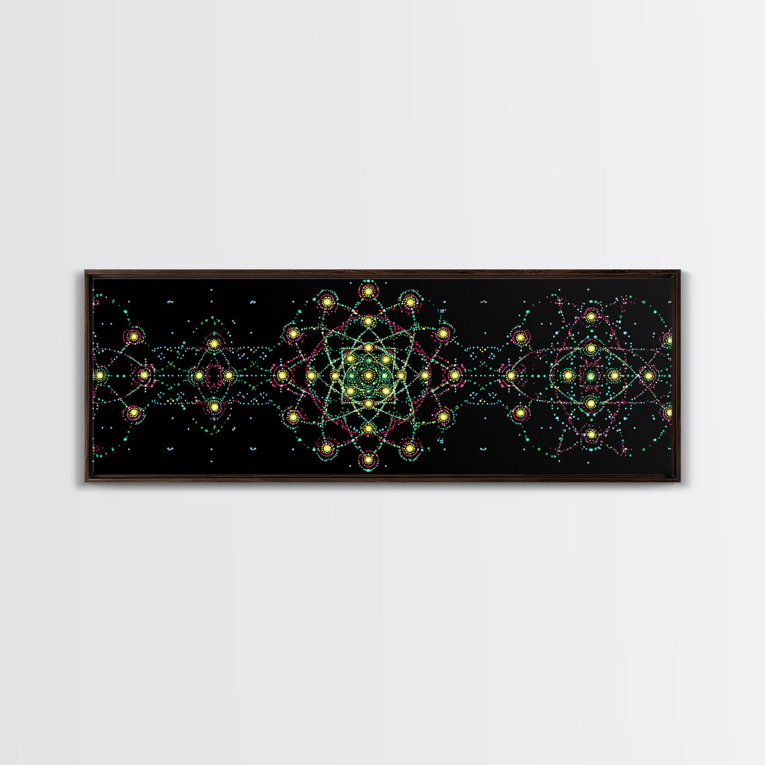 Neon Atomic Mandala Wall Art, Mid Century Modern Space Decor, Retro Science Poster, Psychedelic Geometric MCM Print, Black Wall Decor