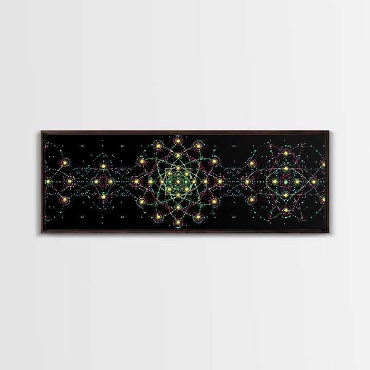 Neon Atomic Mandala Wall Art, Mid Century Modern Space Decor, Retro Science Poster, Psychedelic Geometric MCM Print, Black Wall Decor