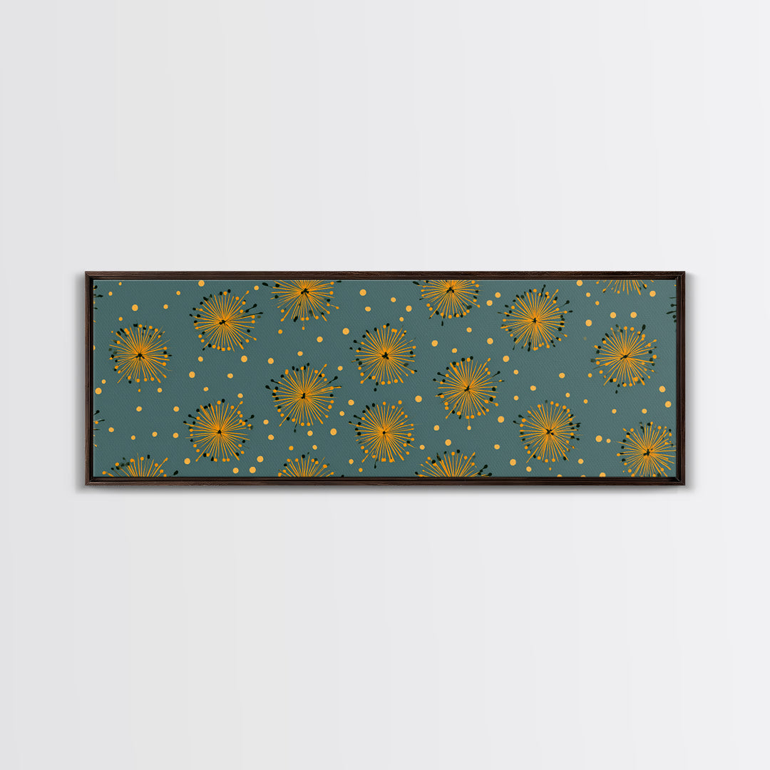Yellow Starburst Floral Wall Art, Mid Century Modern Print, Retro Atomic Pattern Poster, Teal Kitchen Decor, MCM Art Print
