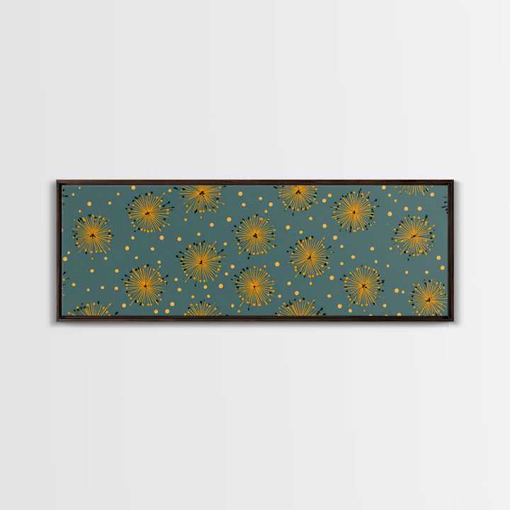 Yellow Starburst Floral Wall Art, Mid Century Modern Print, Retro Atomic Pattern Poster, Teal Kitchen Decor, MCM Art Print
