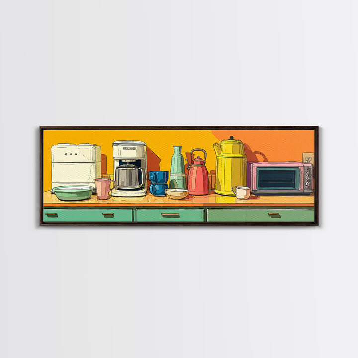 Orange Countertop Coffee Appliances Wall Art, Mid Century Modern Kitchen Print, Retro Toaster Kettle Decor, MCM Poster Print
