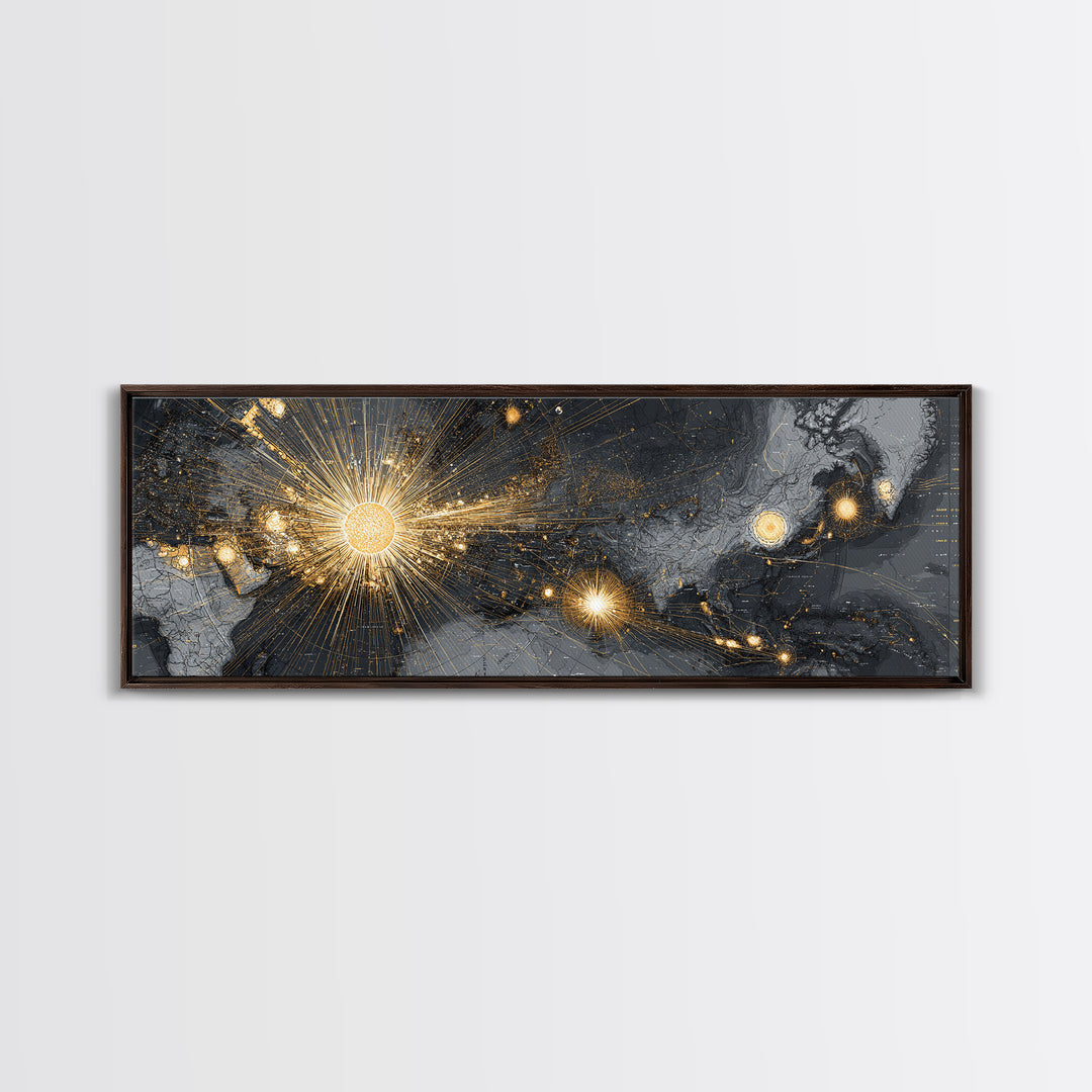 Gold And Charcoal World Map With Radiant Network Lights, Wall Art, Modern Abstract Art Print, Office Decor Statement Poster