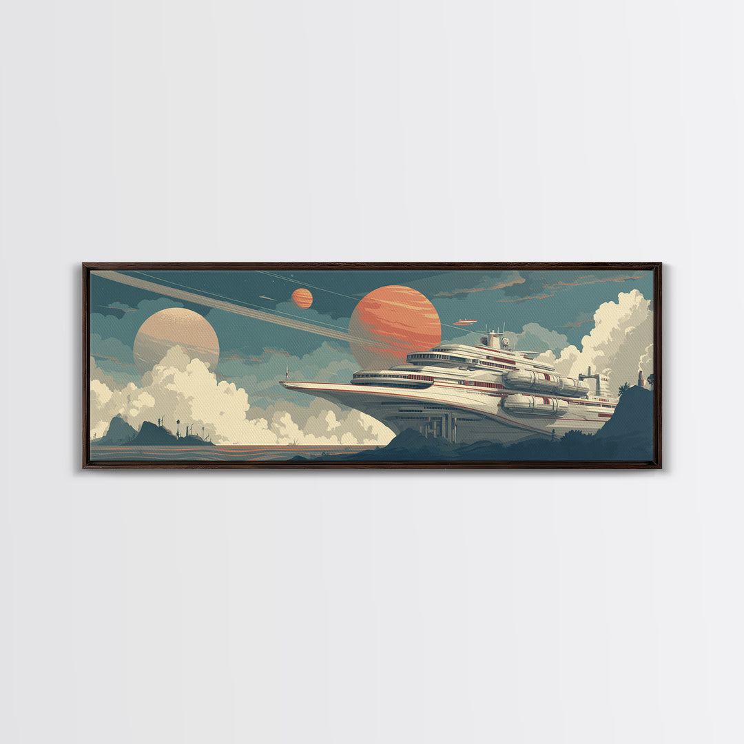 Futuristic Space Cruise Ship Canvas Print, Retro Sci Fi Wall Art, Planet Travel Poster, Modern Home Decor For Office Room
