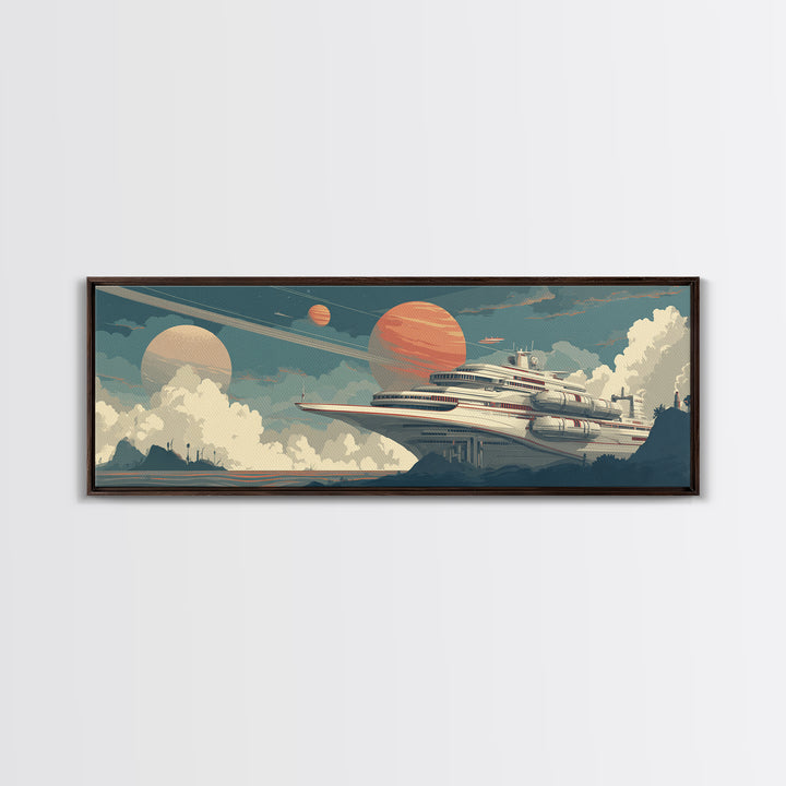 Futuristic Space Cruise Ship Canvas Print, Retro Sci Fi Wall Art, Planet Travel Poster, Modern Home Decor For Office Room