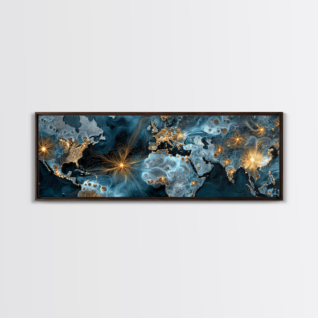 Blue Topographic World Map With Golden City Lights, Canvas Print, Modern Wall Art, Global Abstract Office Decor Poster Print