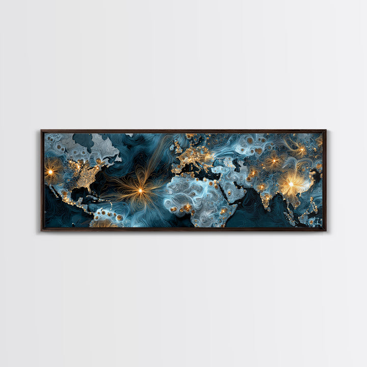 Blue Topographic World Map With Golden City Lights, Canvas Print, Modern Wall Art, Global Abstract Office Decor Poster Print
