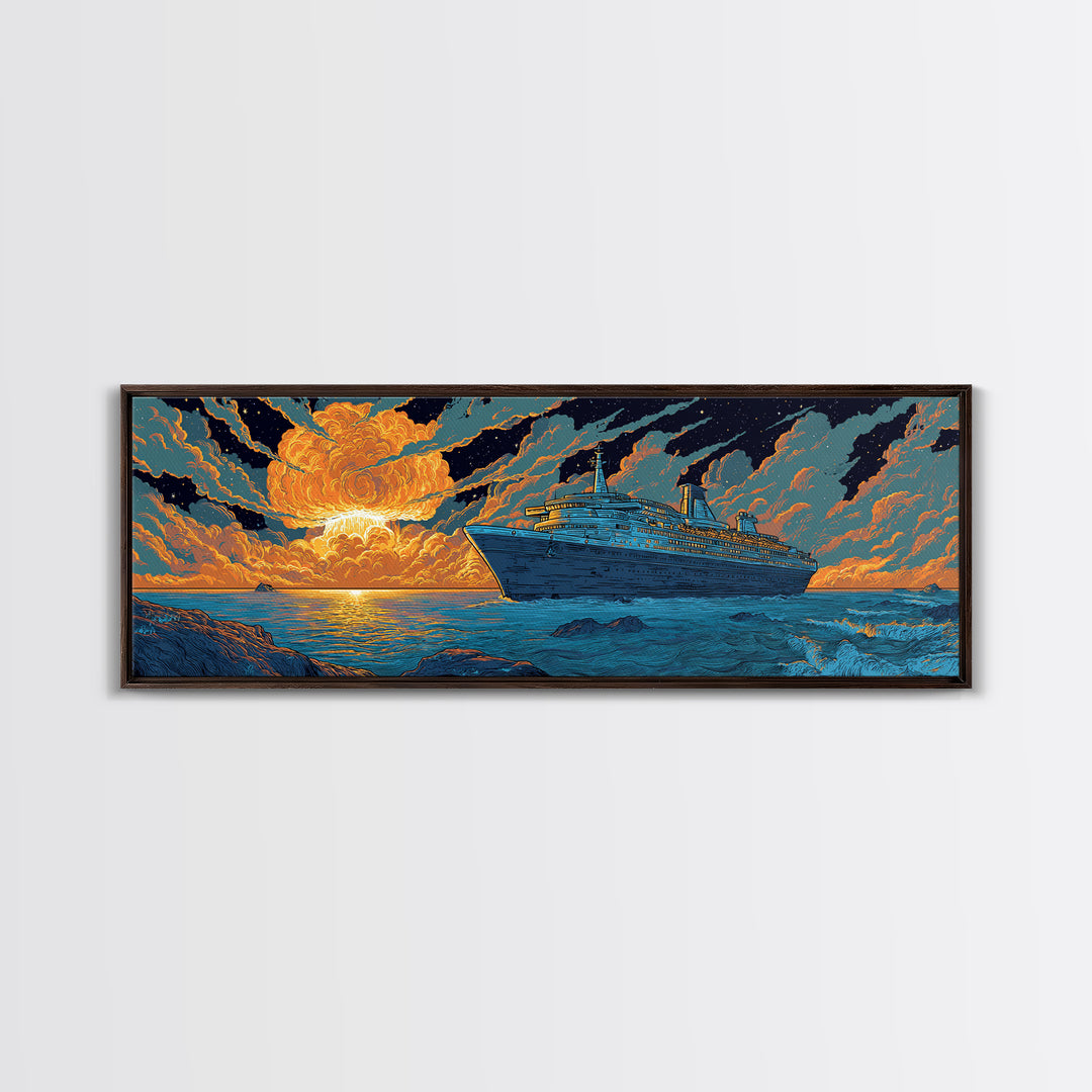 Dramatic Cruise Ship At Sunset Wall Art, Retro Ocean Travel Poster, Sci Fi Seascape Decor, Large Canvas Print Gift For Living Room