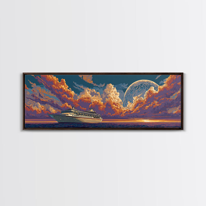 Moonlit Cruise Ship At Orange Ocean Sunset Wall Art, Retro Futuristic Travel Poster, Midcentury Modern Decor Canvas Print