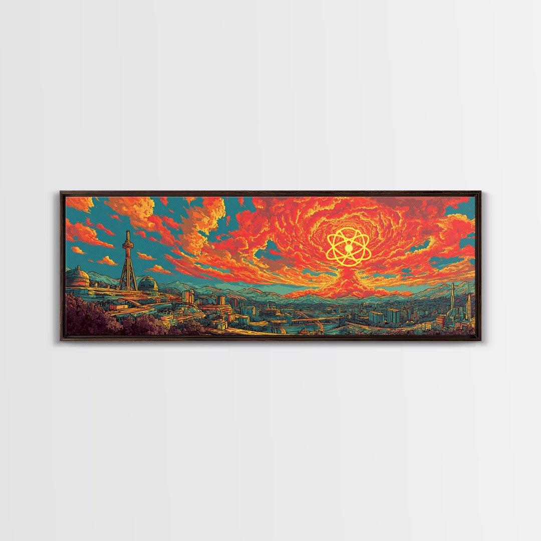 Fiery Atomic Sun Over Retro City Skyline Wall Art, Midcentury Modern Art Print, Bright Abstract Decor, Sci Fi Poster, Home Decor