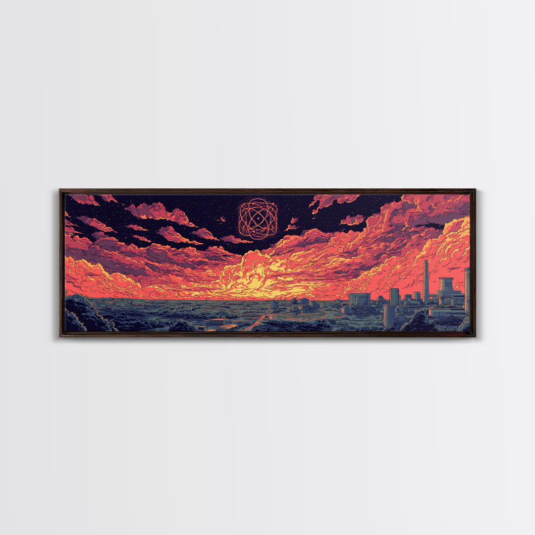 Atomic Sunset Over Industrial Coast Wall Art, Retro Sci Fi Landscape, Midcentury Modern Decor, Colorful Abstract Print, Poster