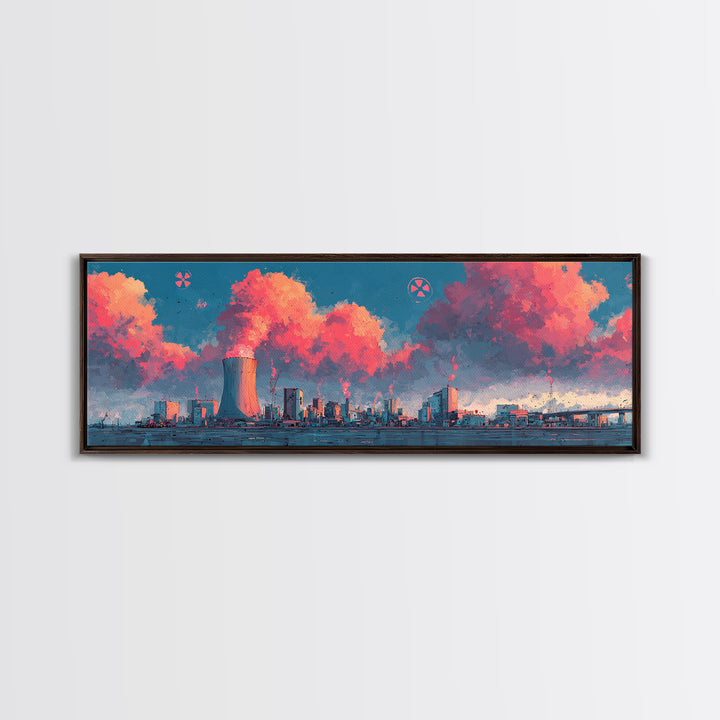 Pink Vapor Clouds Above Nuclear Plant Wall Art, Industrial Skyline Canvas Print, Retro Futuristic Modern Home Decor, Office Decor