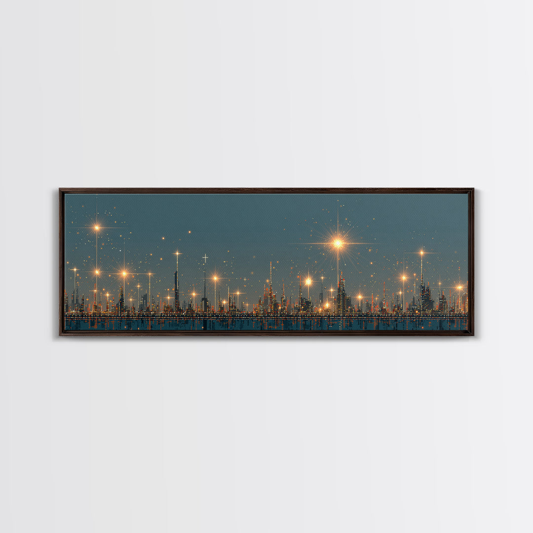Golden Starbursts Over Night City Skyline Wall Art, Modern Abstract Art Print, Futuristic Urban Decor, Large Canvas Print